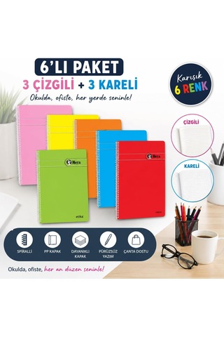 Lexroo A5 Spiralli Okul Defteri - 6 Lı Paket Çok Renkli