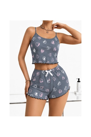 Motto10 Butik Kadın Gri Kalp Desenli Dantel Askılı Şortlu Pijama Takımı 5265