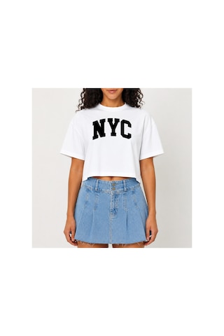 Urbantrendstore Crop Tişört Beyaz New York City Baskılı Rahat Kesim Raw Cut Basic Kısa Tshirt