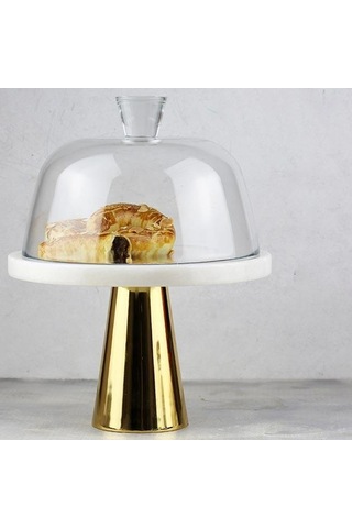 Akayev Mermer 25 Cm Altın Konik Ayak Beyaz Kalın Cam Fanus