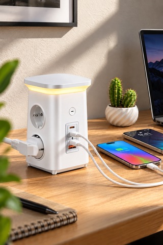 Akım Korumalı Masaüstü Priz 4 Priz, 2 Usb-c + Usb-a, Pd 20w & Qc 18w Hızlı Şarj, 3680w, Led Aydınlatmalı 1.9 M