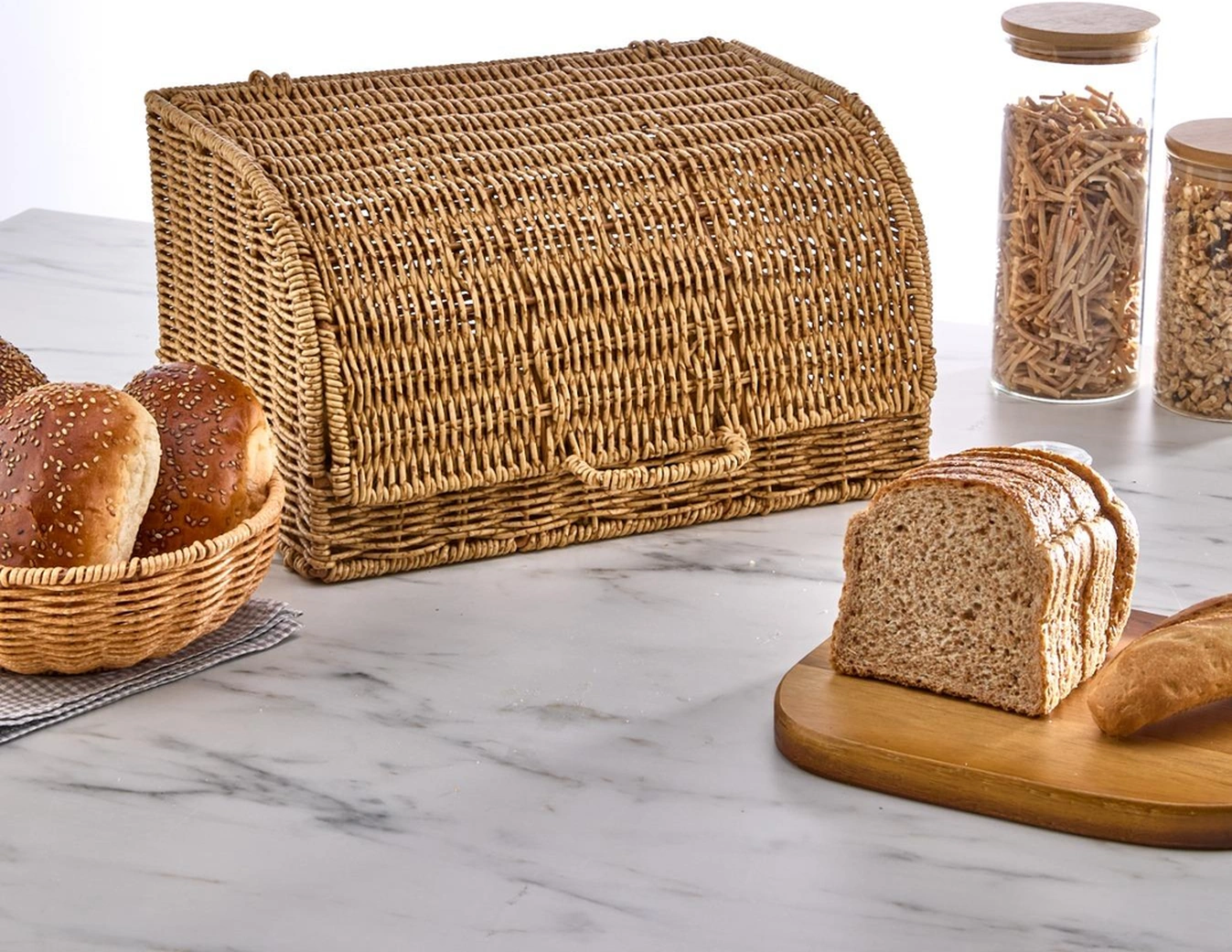 Doğal Rattan Ekmek Kutusu - Kapaklı Mutfak Düzenleyici Ekmeklik Açık Kahverengi