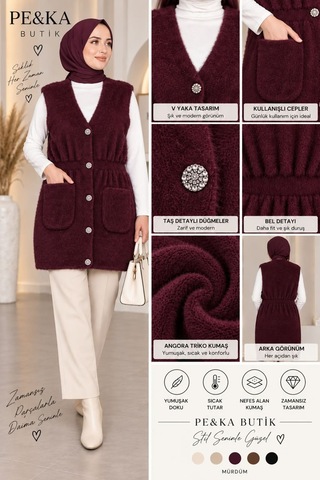 Aymiraa Kadın Beli Lastikli Angora Triko Tesettür Yelek Mürdüm Mürdüm
