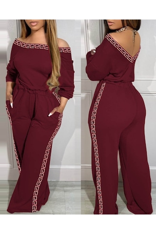 Soonaksesuar Kadın Uzun Kollu Omuzlardan Açık Beli Lastikli Cepli Şerit Desenli Viskon Iki Iplik Tulum Bordo