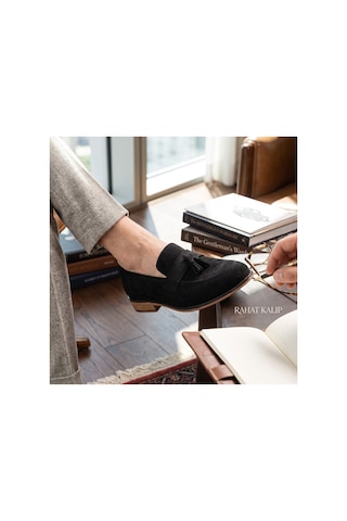 Rayvora Erkek Süet Deri Püsküllü Termo Taban Garson Boy Klasik Ayakkabı Kundura Loafer Casual Siyah Süet