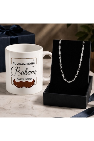 Bk Gift Kişiye Özel Babalar Günü Tasarımlı Beyaz Kupa & Ataç Zincir Kolye -6, Babalar Günü Hediyesi Gümüş
