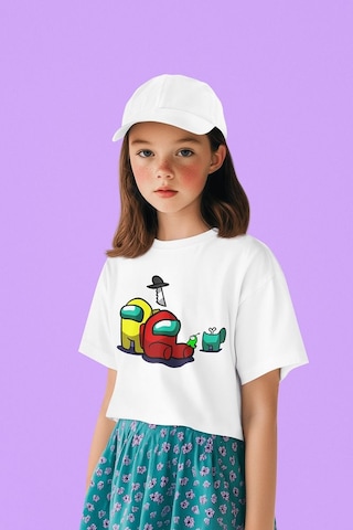 Sevbano Among Us Baskılı Unisex Oyun Çocuk Tişört 1-12 Yaş Beyaz