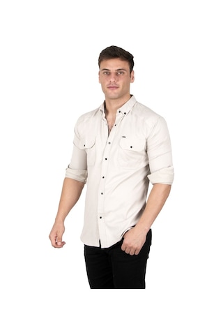 Deepsea Erkek Bej Fitilli Çıtçıtlı Kot Gömlek 300421 Bej