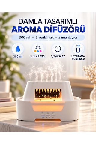 Damla Tasarımlı Aroma Difüzör 300 Ml Hava Nemlendirici Amber Işıklı 3 Renk Led Zamanlayıcılı Uygulama Kontrollü Dekoratif Buhar Makinesi Beyaz