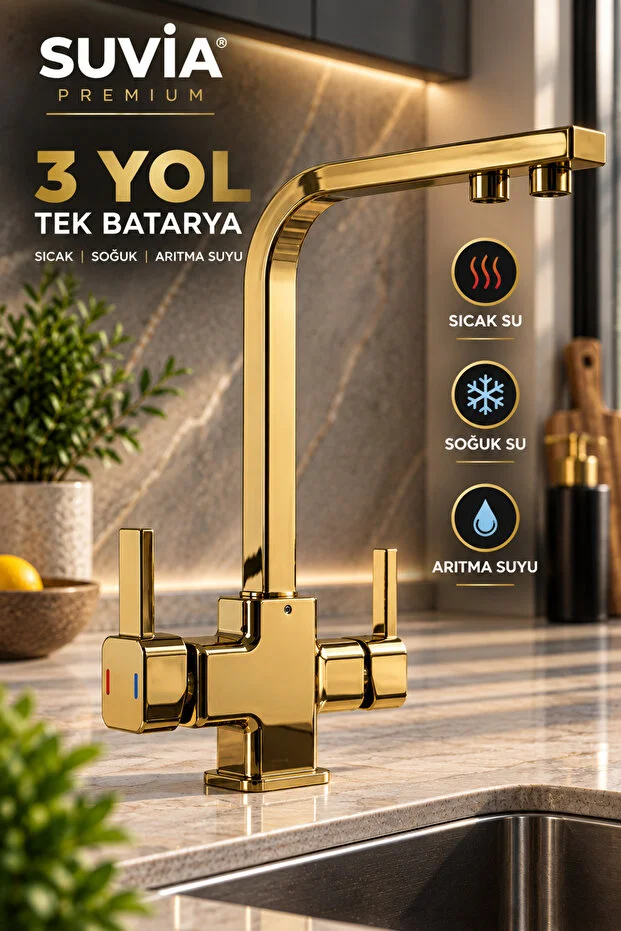 Mutfak Bataryası Gold 3 Yollu Arıtma Musluğu Sıcak Soğuk Su Ve Arıtma Suyu Çıkışlı Altın/gold