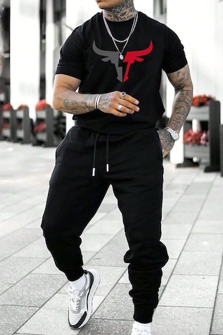 Unisex Boğa Baskılı Eşofman Takımı Siyah