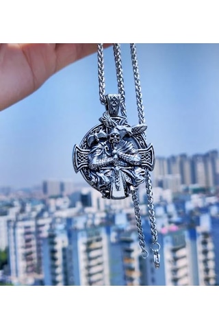 Paslanmaz Çelik Viking Savaşcı Odin Kolye - Viking Kolye Gümüş