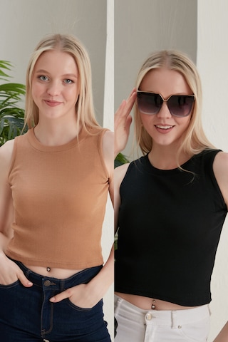 Catspy Kadın Halter Yaka 2'li Crop Bluz Atlet Siyah - Camel
