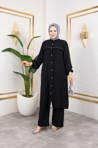 Ayrobin Kumaş İnci Detaylı Takım / T105 - Siyah Siyah