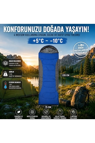 4 Mevsim Uyku Tulumu +5 C -10 C Kamp Uyku Tulumu Nefes Alabilen Kumaş Mavi