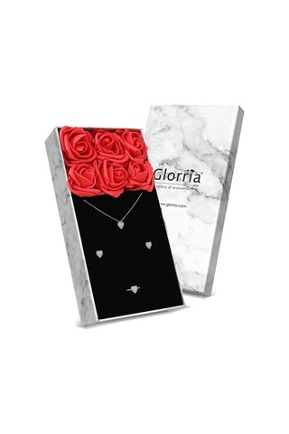 Glorria Gümüş Kalp Anturaj Kolye, Küpe, Yüzük, Çiçekli Hediye Set