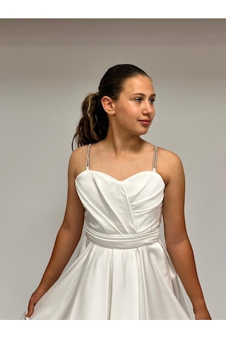 Butikhappykids Kız Çocuk Abiye Krem Taş Kordon Askılı Kalp Yaka Mat Saten Kuyruklu Abiye Elbise 10-15 Yaş Krem