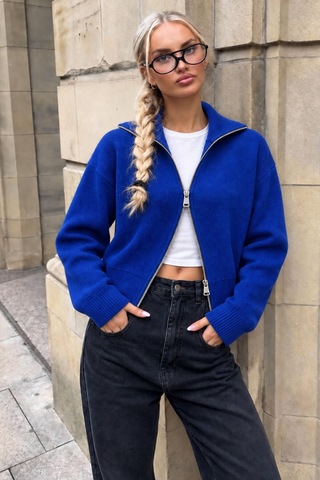 Cool Tarz Kadın Stardart Beden Çift Fermuarlı Dik Yaka Crop Triko Hırka Saks Saks
