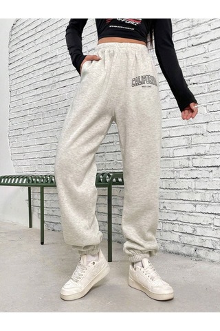 West Coast Eşofman Altı Jogger - Gri Baskılı Lastik Paça Yüksel Bel Gri