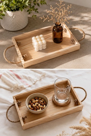 Doğal Ahşap Jüt Kulplu Dekoratif Sunum Tepsisi 27 Cm 16 Cm