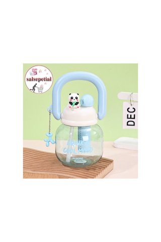 Panda Su Matarası Kawaii Suluk Panda Figürlü Su Şişesi Panda Matara Pipetli Matara Aroma Filtresi Detox Filtreli Charmlı Sevimli Panda Suluk 800ml Mavi