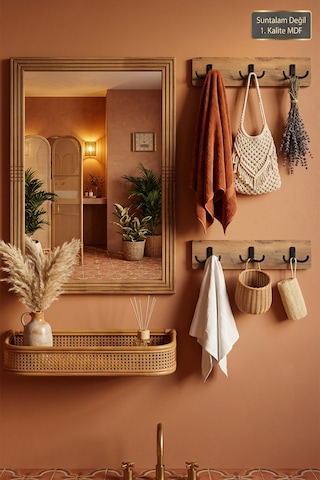 Antik Ahşap Dekoratif 3 Parça Oda Hol Salon Aynası Raflı Aynalı Askılık Set Portmanto Banyo Lavabo Duvar Antre Raflı Askılı Ayna Anx-10x Atlantik Çam