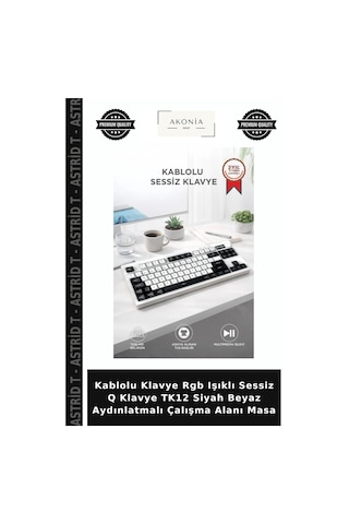 Kablolu Klavye Rgb Işıklı Sessiz Q Klavye Tk12 Siyah Beyaz Aydınlatmalı Çalışma Alanı Masa