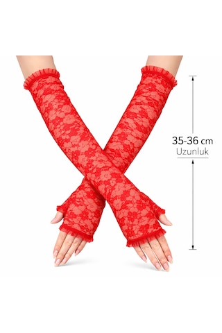 Savarga Uzun Zarif Dantel Eldiven Parmaksız Kırmızı 35 Cm 4801