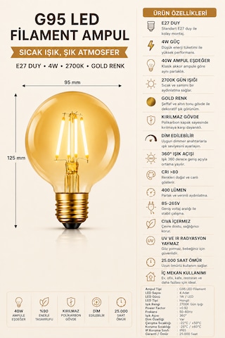 Rustik Led Kırılmaz Ampul G95 Glop E27 4w 2700k Sıcak Işık Gold Filament Dekoratif Dimmerli Tekli