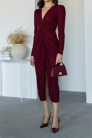 Dip Moda Kadın Büzgü Detaylı Simli Gece Elbisesi Dpnbmy3633 Bordo