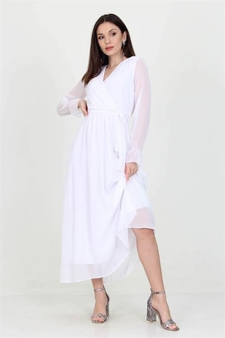 Dip Moda Kadın Kuşaklı Astarlı Uzun Şifon Elbise Dpnb003 BEYAZ