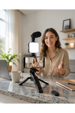 Vlog Kiti Led Işıklı Mikrofonlu Telefon Tutucu Uczzzay49kameratelefontutucu6-1 Diğer