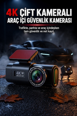 4k Ultra Hd Araç Kamerası Çift Lens Ön Arka Wi-fi Gps Park Modu Gece Görüşlü G-sensörlü Araç İçi Güvenlik Kamerası