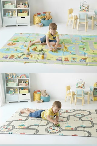 Pureza Çift Taraflı Katlanabilir Oyun Matı 200cmx130cmx1cm Kaymaz, Darbe Emici, Su Geçirmez, Bebek Ve Çocuklar İçin, Yeşil Parkur/Araba Yarışı, Taşıma Çantası Hediyeli Yerli Üretim
