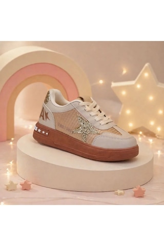 Zacoz Kız Çocuk Simli Yıldız Detaylı Bağcıklı Günlük Sneaker Spor Ayakkabı Bej