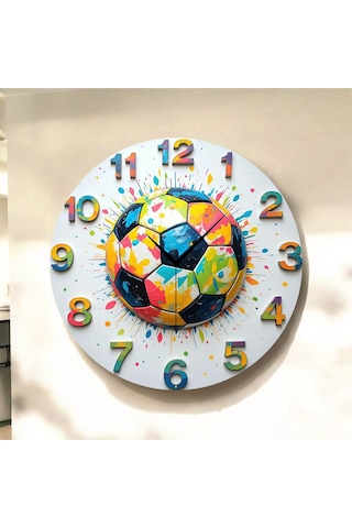 AA Shop Futbol Top Renkli Baskı Desenli Sayılı Hediyelik Ahşap Sessiz Tablo Duvar Saati 93 Renkli