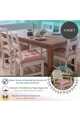 4 Adet - 40x40 Cm Lüks Süet Dokulu Gül Kurusu Sandalye Minderi - %100 Silikon Elyaf Dolgulu Yıkanabilir Minder
