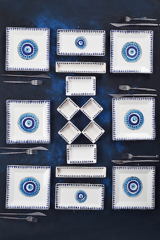 Piatti Naturali 16 Parça 6 Kişilik Nazar Kahvaltı Takımı Handmade Sunum Seti Mavi