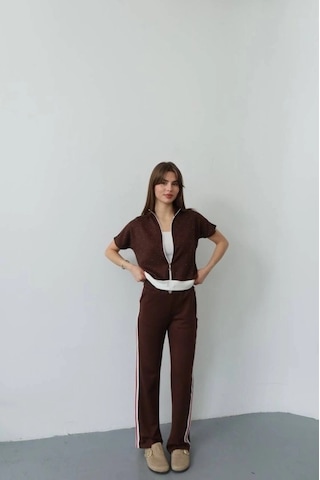 Valensdesign Kadın Fermuarlı Taş Ve Şerit Detaylı Ikili Takım Kahverengi