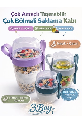Beylini 3 Lü Set Taşınabilir Kaşık+çatal Kapaklı Yoğurt Müsli Granola Yemek Diyet Saklama Kabı Take And Go Bardak Kahvaltı Salata Hazırla Çık Çok renkli