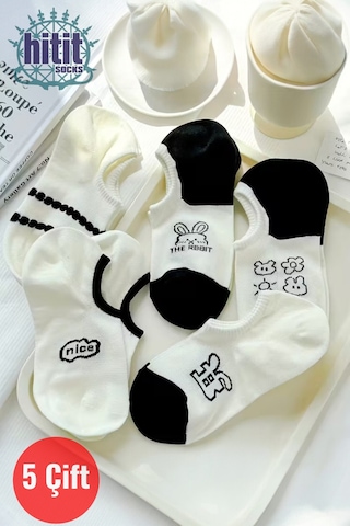 Kadın 5 Çift Premium Karikatür Ve Harf Desenli Yüksek Pamuklu Görünmez Babet Çorap Çok Renkli