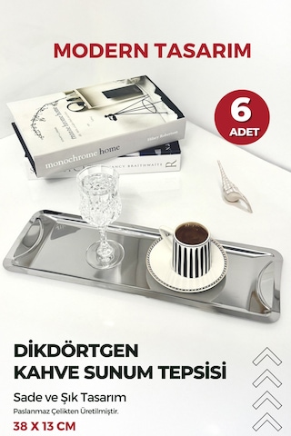 6 Adet Dikdörtgen Paslanmaz Kahve Sunum Tepsisi Modern Tasarım Metalik