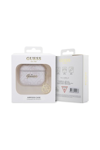 Apple Uyumlu AirPods 3.nesil Kılıf Guess Lisanslı 4g Desenli Metal Script Logolu 4g Charm Pu Deri Pembe