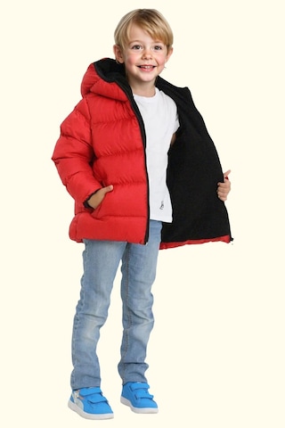 Erkek Çocuk Polarlı Kapüşonlu Su Geçirmez Rüzgara Dayanıklı Şişme Kışlık Mont Kırmızı
