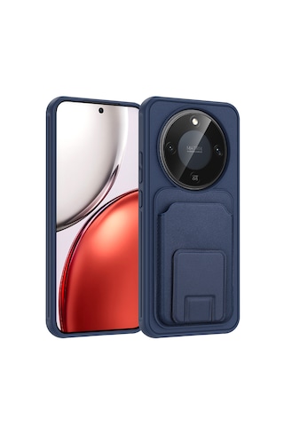 Honor Magic 8 Lite 5g Kılıf Arka Yüzey Kartlıklı Deri Doku Premium Silikon Standlı Özelliği Kapak Lacivert