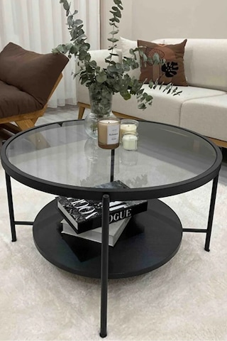 Nordic Orta Sehpa Temperli Cam 75 Cm Demonte Çizilmez Kırılmaz Metal Çerçeve Raflı Minimalist Sehpa - Siyah Siyah