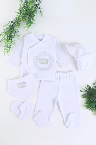 Nakış Desenli Müslin Erkek Bebek Hastane Çıkışı Bebek Kıyafetleri Yenidoğan Hastane Çıkış Seti 5 Li Beyaz