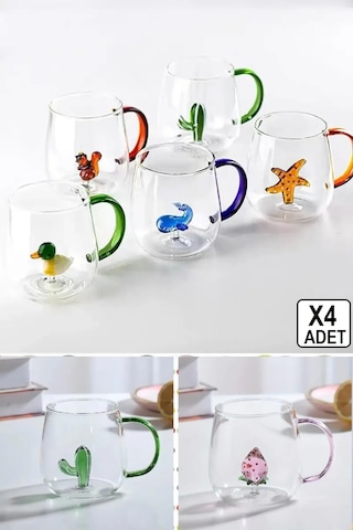 4'lü Figürlü Cam Bardak 3d Kawaii Renkli Kulplu Sunum Fincanı 350ml Sevimli Karikatürler Bardağı Çok Renkli