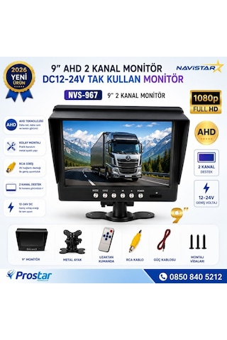 9 İnç Şapkalı 2 Kanal Ahd Rca Sarı Soketli Araç Monitörü 1080p 720p Analog Destekli Dc 12-24v