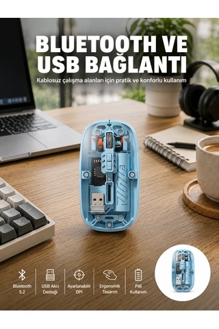 Bluetooth 5.2 Destekli Mavi Pilli Kablosuz Mouse Yeni Nesil Najmaddin